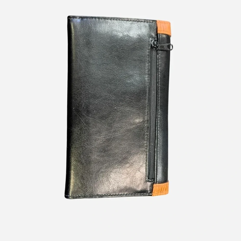 Mundi Black And Brown Leather Wallet With Textured Trim And Gold Hardware